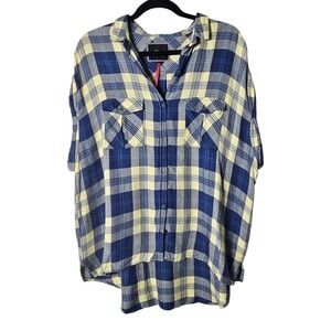 Rails Large Sleeveless Flannel Button Up Blue Ivory High Low Hem Relaxed Camp‎